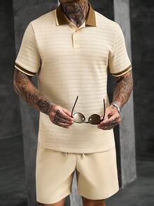 Manfinity CasualCool Set Polo Kasual Musim Panas Pria dengan Desain Blok Warna, Bagian Depan Setengah Terbuka, Bahu Reguler, Lengan Pendek - Aprikot - View 6