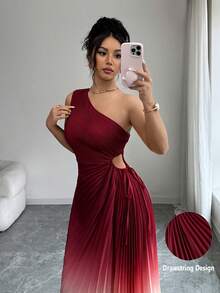 Modelyn 女款黃色無袖不對稱肩褶皺漸層色長洋裝 - 酒紅色 - 查看 7