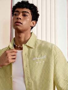 SWAVVY Men's Plaid Embroidered Single-Breasted Short Sleeve Fashion Versatile Shirt - Yellow - View 5
