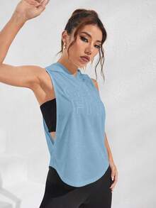 SHEIN Sports Women's Fashion Versatile Letter Print Double Side Cutout Hooded Sweatshirt - Blue - View 5