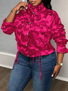 Slaydiva Plus Size Camouflage Print Drawstring Hem Jacket For Dailywear Winter Fall Autumn - Hot Pink - View 4