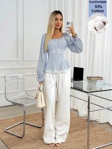Easowa Damen Casual Gestreiftes Spitzen Patchwork Hemd - Blau-Weiß - Übersicht 6