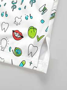 PopScrub 牙科護理卡通圖案白色時尚V領短袖口袋開衩設計工作上衣，青色直筒長褲女款兩件套，春夏季護士刷手服，休閒長褲套裝，刷手服套裝，適用於醫院、牙科診所、美容院及各種機構 - 彩色 - 查看 3