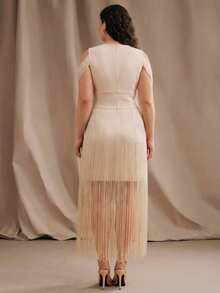 Anewsta Plus Size Women's Solid Color Fringe V-Neck Elegant Party Dress - Apricot - View 2