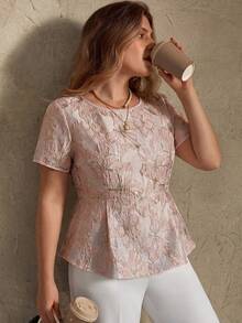 SHEIN Privé Women's Plus Size Elegant Minimalist Jacquard Waist-Cinched A-Line Pleated Shirt For Party High Tea, Street, Commute And Date Pink Summer - Pink - View 6