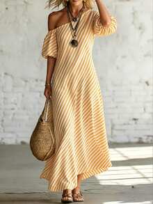 SHEIN LUNE Island Style Vintage Casual Vacation Striped Textured Asymmetric Shoulder Relaxed Fit A-Line Women's Dress - Multicolor - View 5