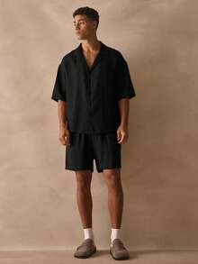 Musero Sold As One Cropped Boxy Short Sleeve Button Up And Shorts Set Spring Summer Essentials - Black - View 5