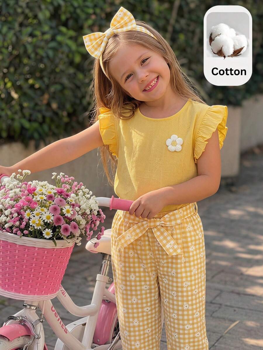 SHEIN Young Girl Knitted Solid Color Ruffle Collar 3D Flower Top And Woven Ditsy Floral Loose Pants Set - Multicolor - View 1