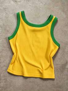 IslaSuriya Top de tirantes de cuello redondo con estampado de patrón de Brasil y color de contraste para mujer - Multicolor - Ver 2