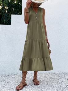 Breezaya Button Detail Layered Hem Smock Dress Maxi Vacation Beach Outfits Women - Army Green - View 4