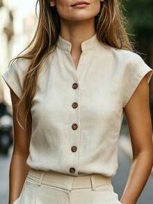 Balvessa V-Neck Striped Button-Down Short Sleeve Shirt Casual Versatile Slimming Fitted Women's Blouse - Apricot - View 1