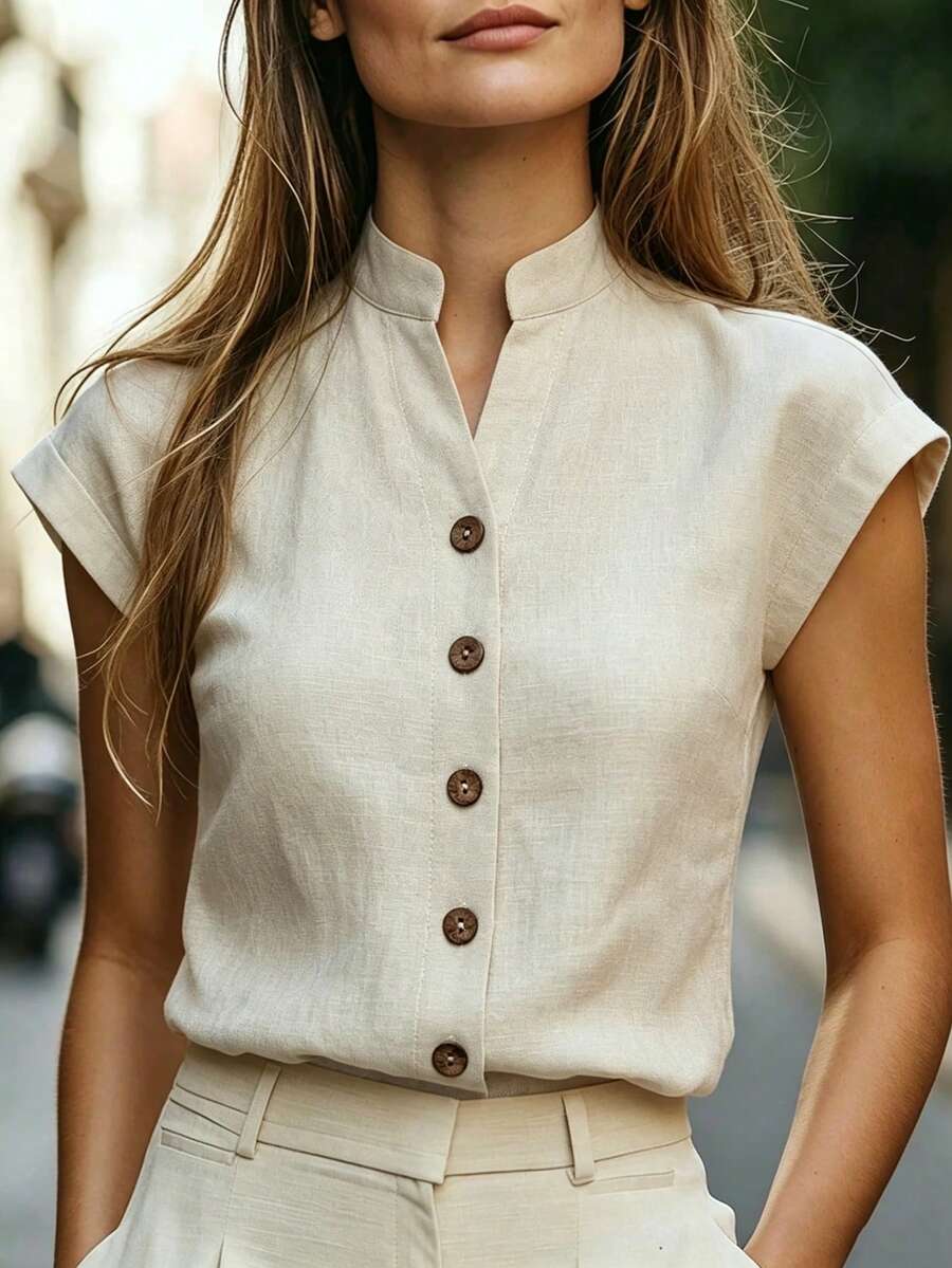 Balvessa V-Neck Striped Button-Down Short Sleeve Shirt Casual Versatile Slimming Fitted Women's Blouse - Apricot - View 1
