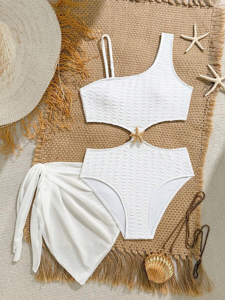 SHEIN Tween Girl Solid Color One-Shoulder Waist-Length Starfish Decor One-Piece Swimsuit And Triangle Mesh Skirt, Beach Pool Vacation - Multicolor - View 1