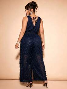 Cravure Plus Size Women's New Elegant Party Jumpsuit With Fringe, V-Neck, Bow Tie, Back Cutout, Spring/Summer - Navy Blue - View 2