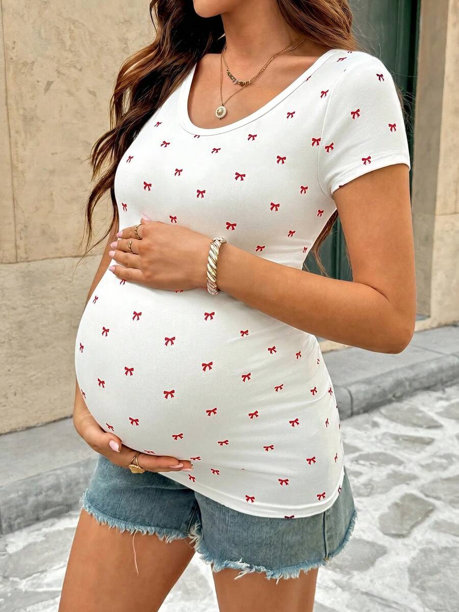 SHEIN 孕婦夏季休閒度假日常通勤全身蝴蝶結印花短袖修身T恤 - 紅色 - 查看 1
