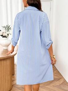 SHEIN 孕婦條紋落肩前扣休閒寬鬆夏季洋裝 - 藍白色 - 查看 4
