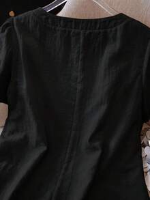 Franclia 女款優雅極簡純色百褶領彩色鈕扣裝飾圓領短袖襯衫 - 黑色 - 查看 5
