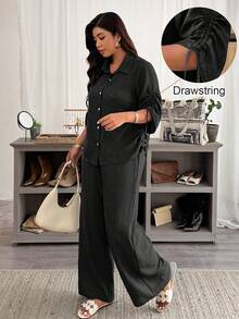 Weeklong Women's Plus Size Autumn Sleeve Drawstring Tie Commute Minimalist Normal Capsule Shirt Brunch Office Dark Wash - Black - View 1
