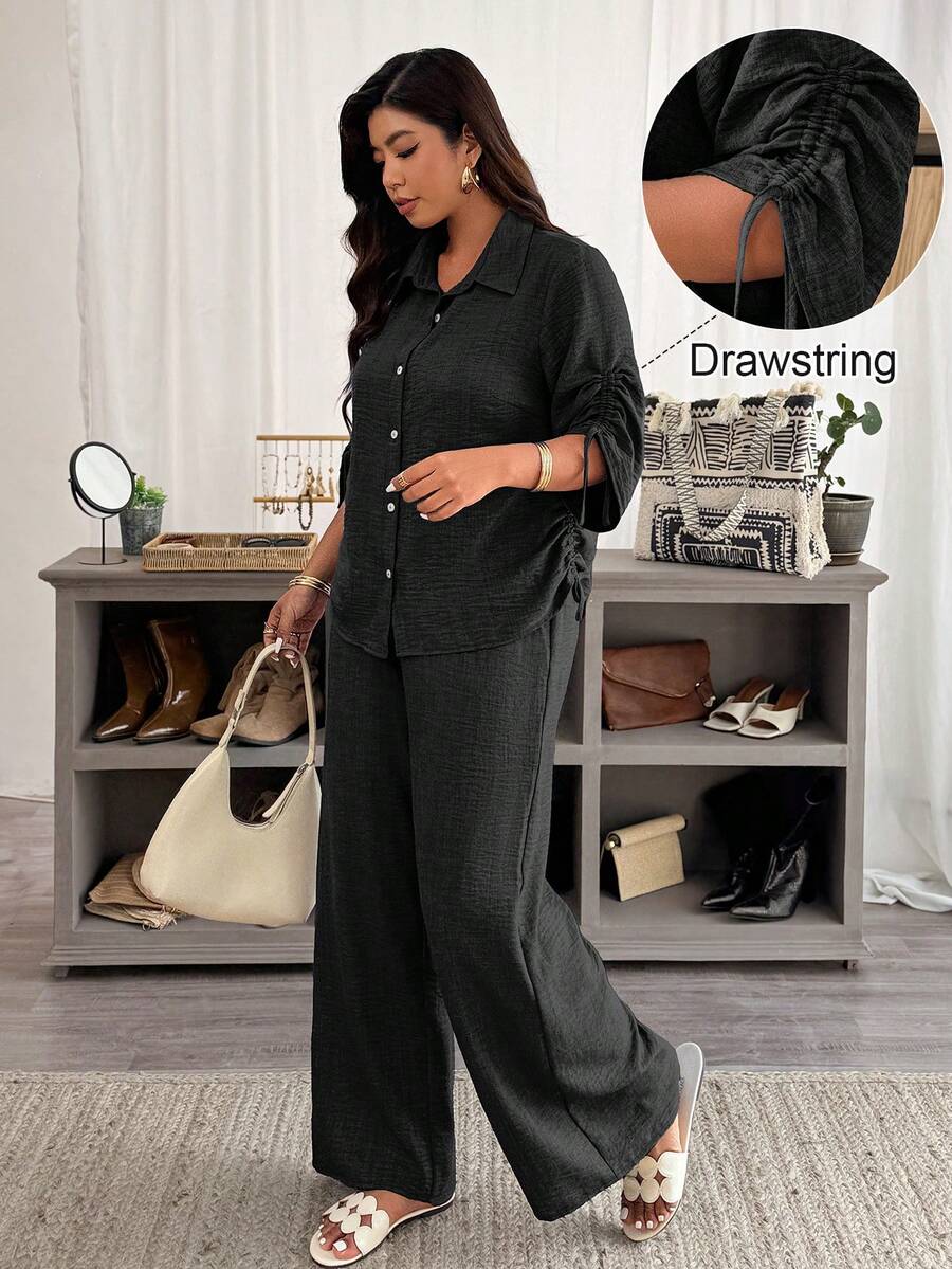Weeklong Women's Plus Size Autumn Sleeve Drawstring Tie Commute Minimalist Normal Capsule Shirt Brunch Office Dark Wash - Black - View 1