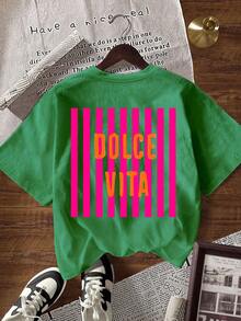 EMERY ROSE Women's Striped Letter Print Short Sleeve Crew Neck Casual T-Shirt - Dark Green - View 6