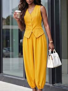 Lunelith SHEIN Lunessa Women's Solid Color V-Neck Single-Breasted Vest And Pants 2 Pieces Set Teachers' Day Brunch Mustard Yellow Summer Smart Casual - Yellow - View 1