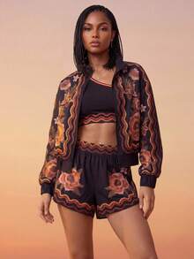 CAJUNI Windbreaker Jacket With Tapestry Flower Print - Black - View 10