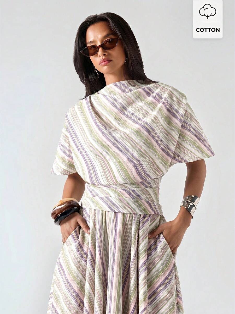 LYSMO 女款米色條紋圖案蝙蝠袖垂墜短袖T恤,度假夏季休閒美學大地色優雅風 - 綠色 - 查看 1