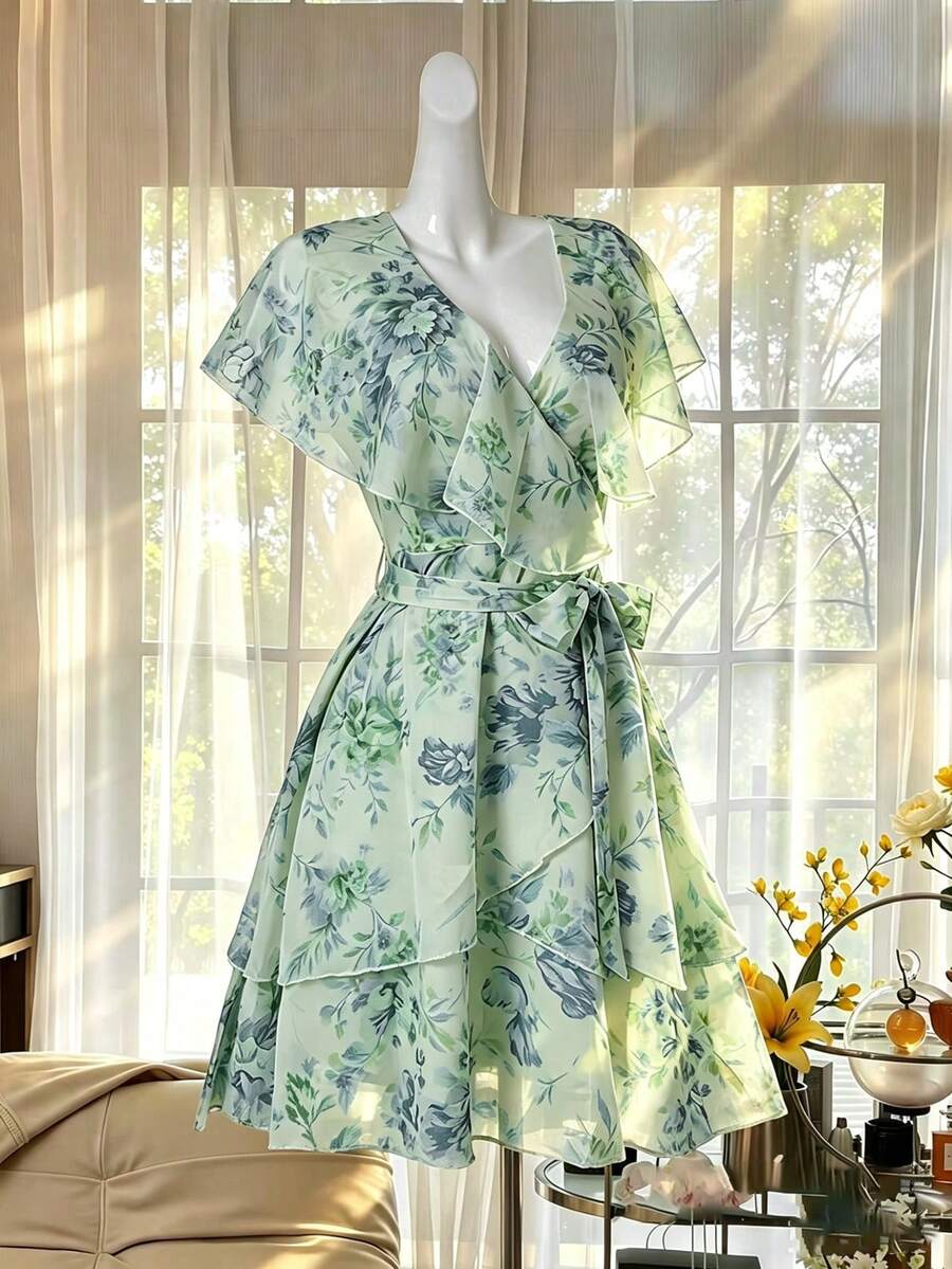 Celisse Semi-Transparent Lotus Leaf Collar Short Dress Digital Print - Aqua Green - View 1