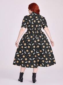 ROMWE Hippie Summer Dress Fairycore Vintage Mori Style Sun & Moon Star Print Short Sleeve Shirt Collar Plus Size Women Dress - Black - View 3