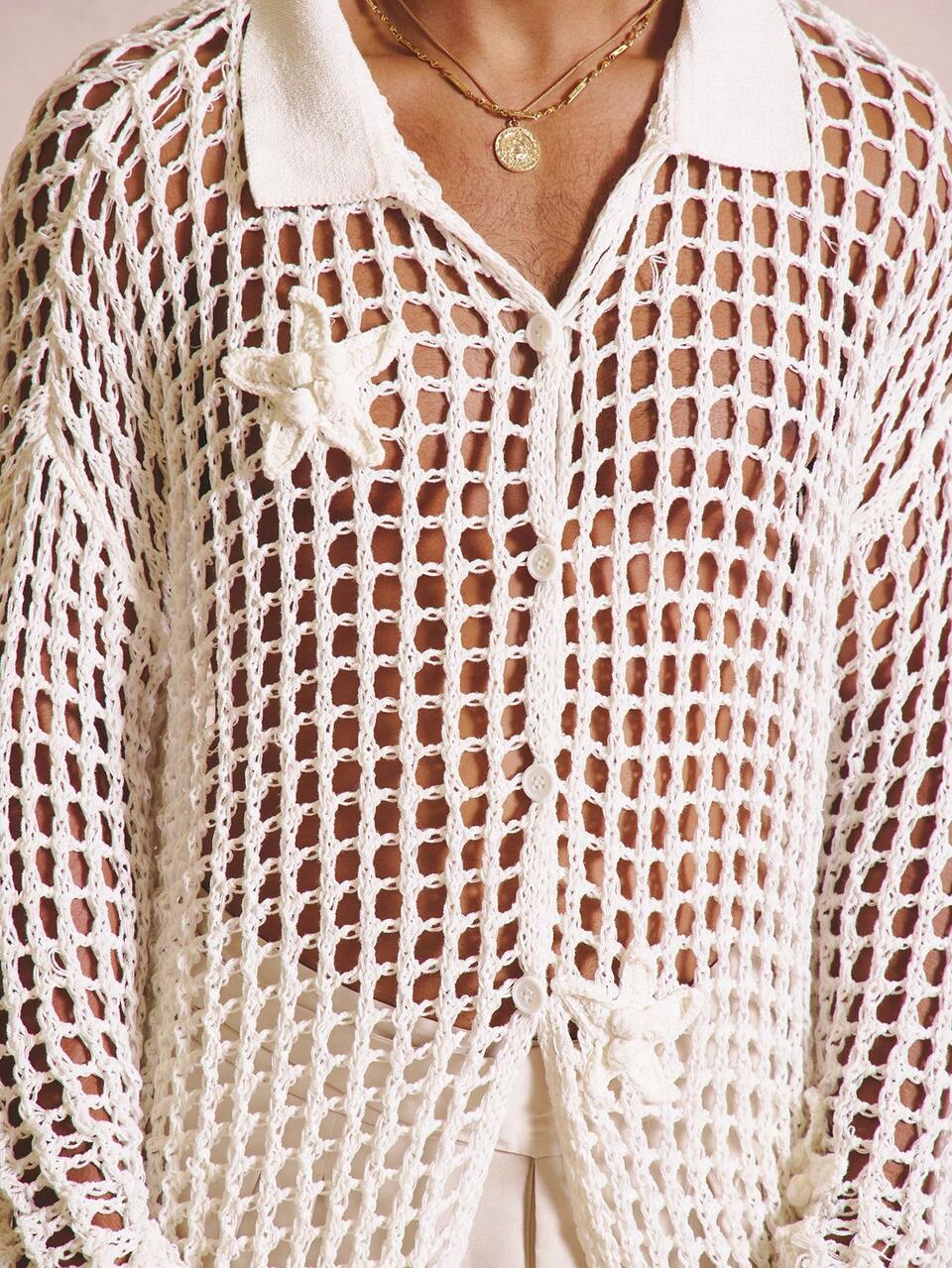 Crochet Floral Details Button Fastening Collared Shirt Spring Summer Essentials