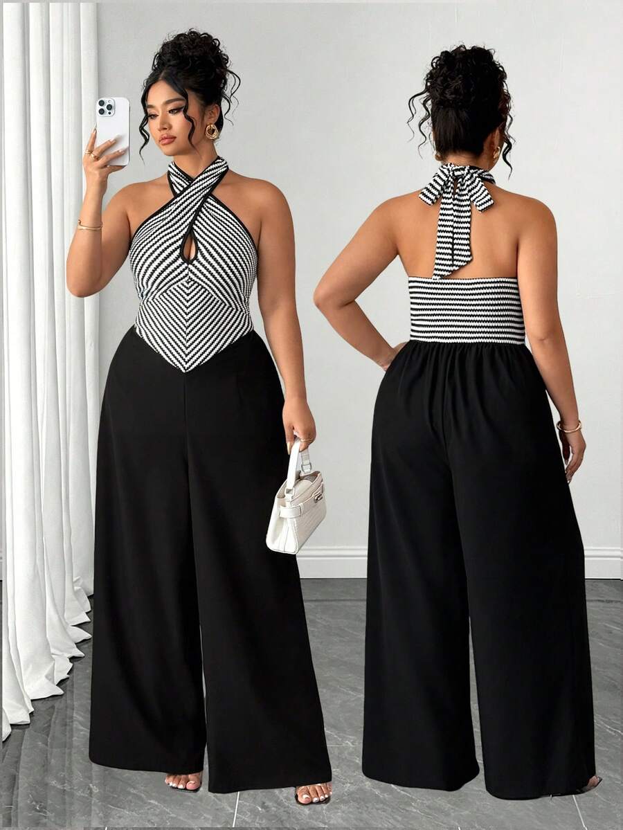 SHEIN Clasi Plus Size Women's Brown Striped Patchwork Jumpsuit, Summer Elegant Halter Criss-Cross Wide Leg Jumpsuit, Office Lady Playsuit - Black - View 1