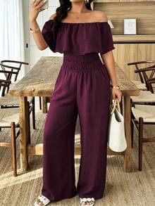 Weeklong Plus Size Women's Spring Summer Strapless Straight Neck Ruffle Waist Cinched Casual Vacation Jumpsuit - Burgundy - View 1