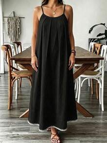 EMERY ROSE Plus Size Black Solid Color Spaghetti Strap Backless Vacation Style Loose Comfortable Dress, Beach Dress, Contrast Color Machine-Made Shell Flower Special Craft Spaghetti Strap Dress, Bohemian Style Vacation Wear - Black - View 2