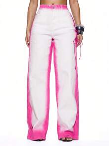 MUSERA Contrast Washed Eyelet Tie Denim Jeans Only Sexy Summer Spring Rave Festival Holiday Vacation Party Going Out Tripp - Hot Pink - View 3