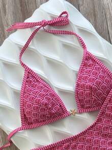 Swim Vcay SHEIN Bộ đồ bơi hai mảnh nữ đi biển mùa xuân/hè, màu trơn, áo tam giác không gọng cổ yếm buộc sau lưng và quần bikini, phong cách gợi cảm cho kỳ nghỉ - Màu Hồng  Dưa hấu - Xem 4