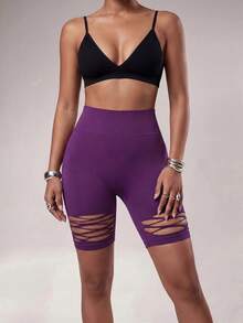Radiana Shorts mi-longs moulants athlétiques déchirés pour femmes - Prune - Voir 7