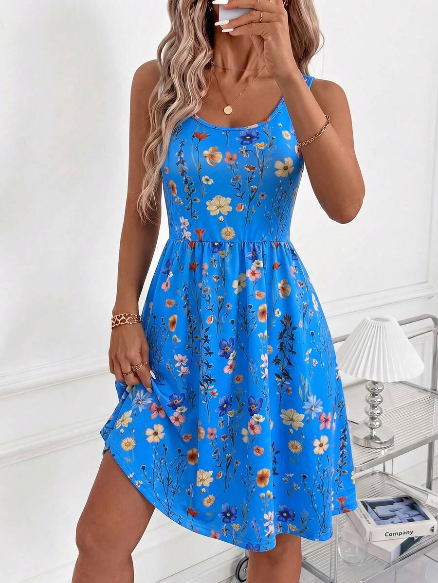 SHEIN Clasi Váy nữ mới thanh lịch cổ chữ U, chiết eo tôn dáng, họa tiết hoa, phù hợp mặc đi du lịch và mặc hàng ngày - Màu xanh lam - Xem 1