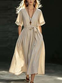 SHEIN Women's Casual Elegant Beige Deep V-Neck Tie Waist Loose Linen Dress, Suitable For Casual Party, Vacation And Daily Wear - Apricot - View 3
