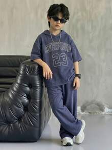 SHEIN Little Byeori 两件套儿童青少年男童休闲学院风舒适字母印花连帽T恤和直筒宽松运动裤套装，适合春夏季节、郊游、情人节、约会、旅行、度假、家庭聚会、返校、婚礼、晚宴、运动、生日派对等场合。 - 彩色 - 查看 4