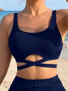 Swim Basics Women's Solid Color Cross Design Sexy Bikini Set For Summer Beach - Navy Blue - View 4
