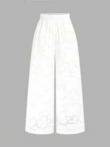 Elenzga 法式优雅提花冰丝阔腿裤，松紧腰垂坠修身休闲女裤 - 白色 - 查看 6