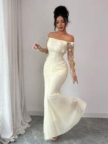 SHEIN Elenzya Women's Elegant Off Shoulder Ruched Long Party Dress - Apricot - View 4