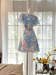 Celisse Vestido corto semitransparente con cuello de loto y estampado digital - lago azul - Ver 2