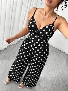 Elenzga Fashion Casual Romantic Vintage Elegant V-Neck Cinched Waist Commuter Camisole Jumpsuit - Black and White - View 7