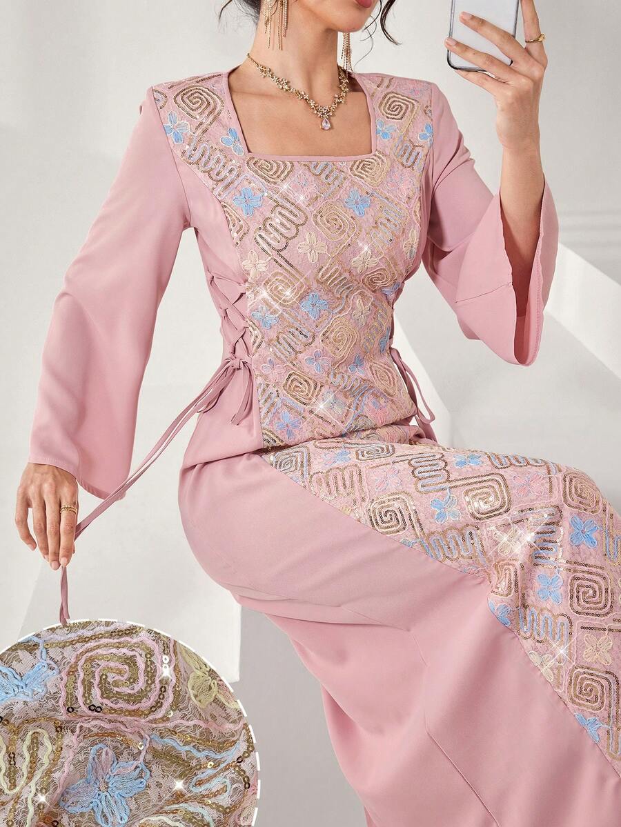 Yasmyna 春夏優雅方領拼接刺繡面料收腰女裝洋裝