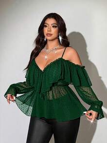 Viva Relle Cubierta de otoño para mujer talla grande de unicolor con hombros descubiertos y bajo con volantes - Verde Oscuro - Ver 2