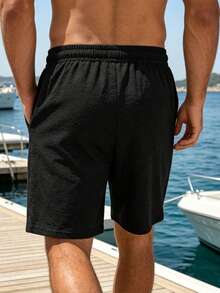 VENTUSAIL Men's Linen Casual Solid Color Drawstring Waist Shorts, Suitable For Summer For Men, Holiday - Black - View 2