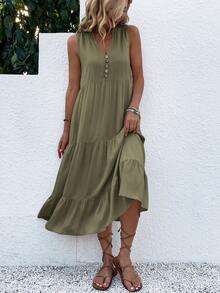 Breezaya Button Detail Layered Hem Smock Dress Maxi Vacation Beach Outfits Women - Army Green - View 5