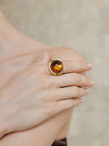 Opalesca Anillo de resina de oro de 18k personalizado de nicho,Premium/Elegante/Clásico/Uso diario/Minimalista,Perla/Cristal,Compromiso/Boda/Promesa,Verano/Playa/Baile de graduación/Fiesta/Vacaciones/Viaje,Para mamá/Mujeres/Niña/Madre,Novia,Fairycore/Mermaid Core - Dorado - Marrón - Ver 3