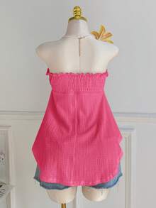 Comfortcana 春夏蕾絲鏤空提花前綁帶荷葉邊飾不對稱下擺大尺碼黑色抹胸上衣 - 玫紅色 - 查看 2